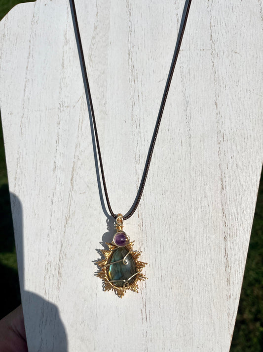 Labradorite Sun Pendant With a Amethyst Accent