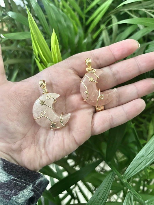 Gold Rose Quartz Moon Pendant