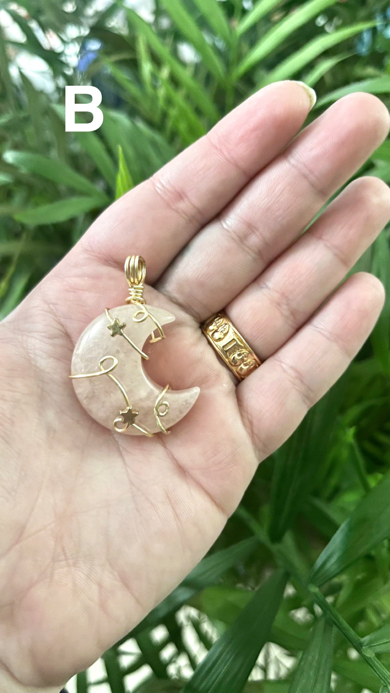 Gold Rose Quartz Moon Pendant