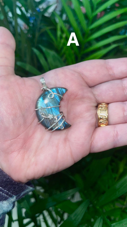 Silver Labradorite Moon Pendants