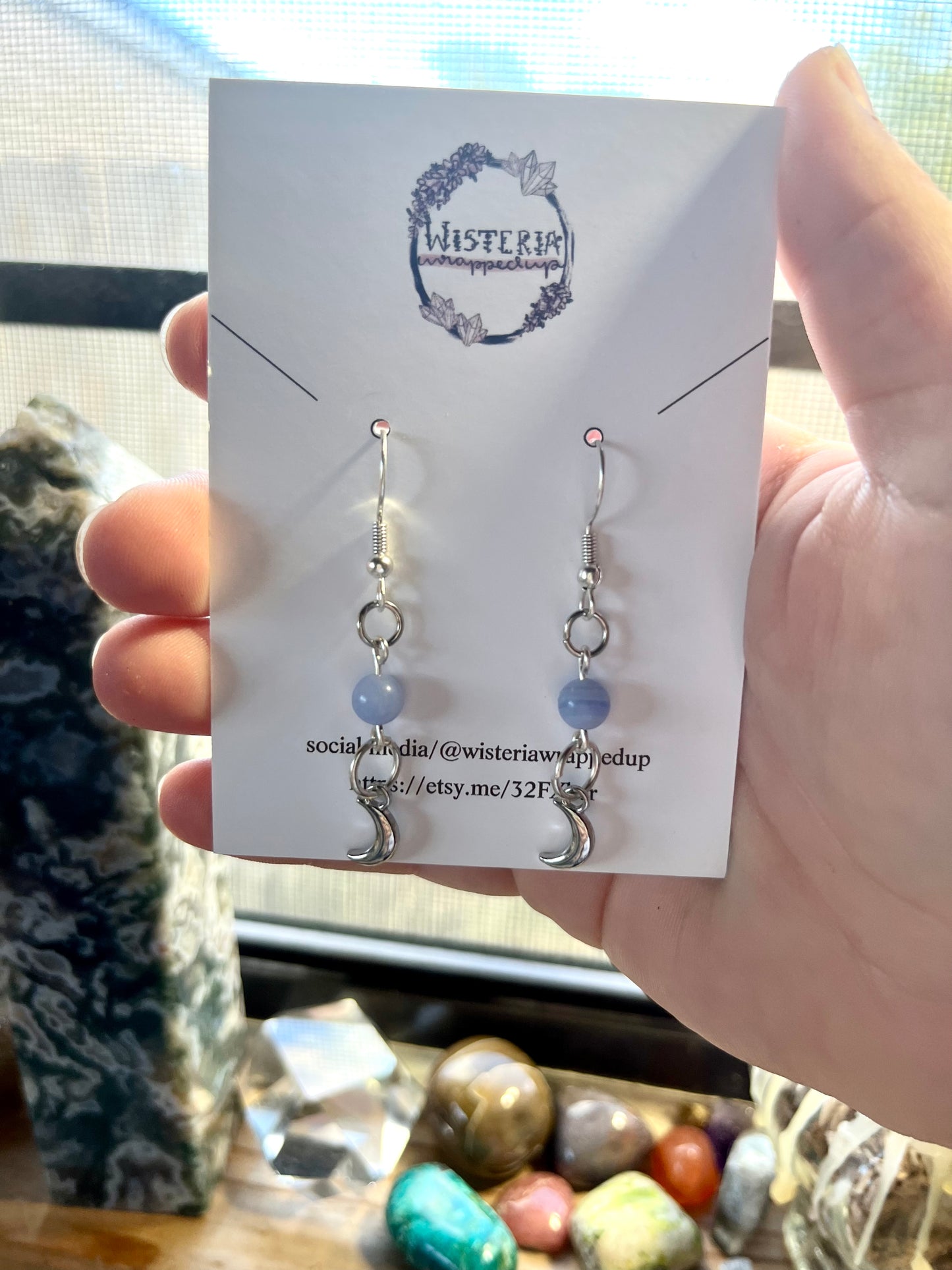 Blue Lace Agate Moon Earrings