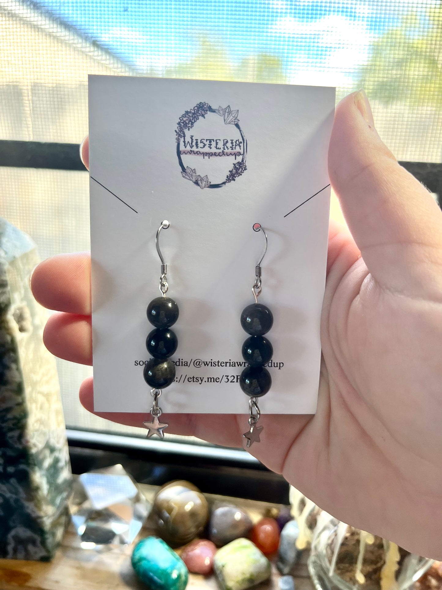 Silver Sheen Obsidian Star Earrings