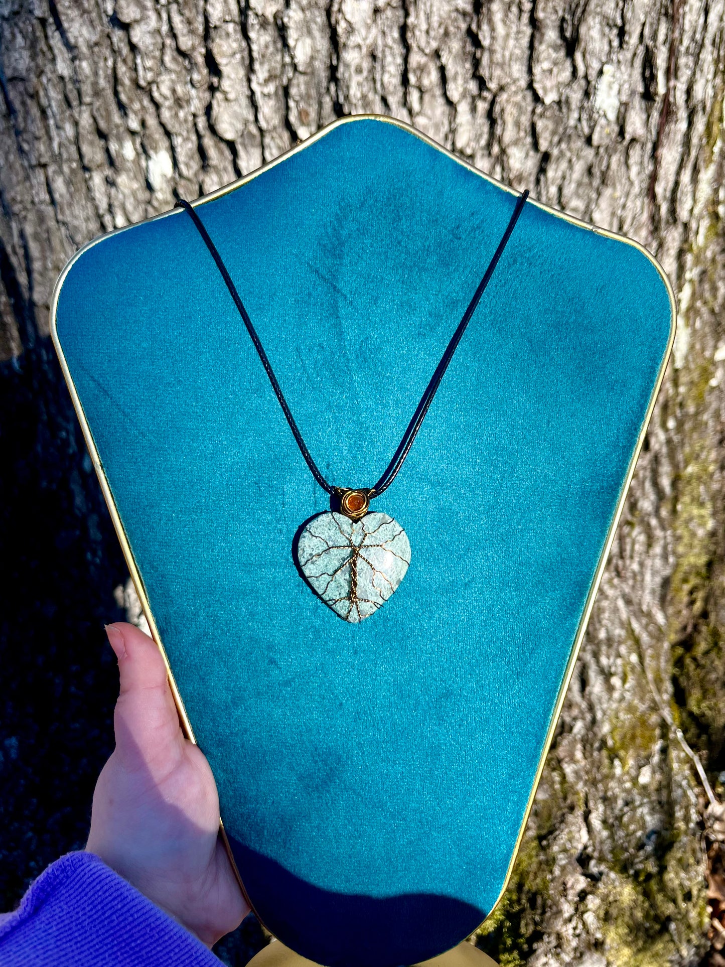 Moss Agate + Orange Kyanite Accent Tree of Life Heart Pendant